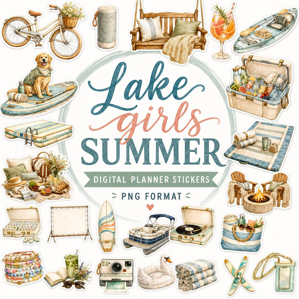 Lake Girl Summer Digital Stickers PNG, Lake Life Clipart, Summer Scrapbook Elements, Lake House Planner Stickers, Watercolor Lake Clip Art