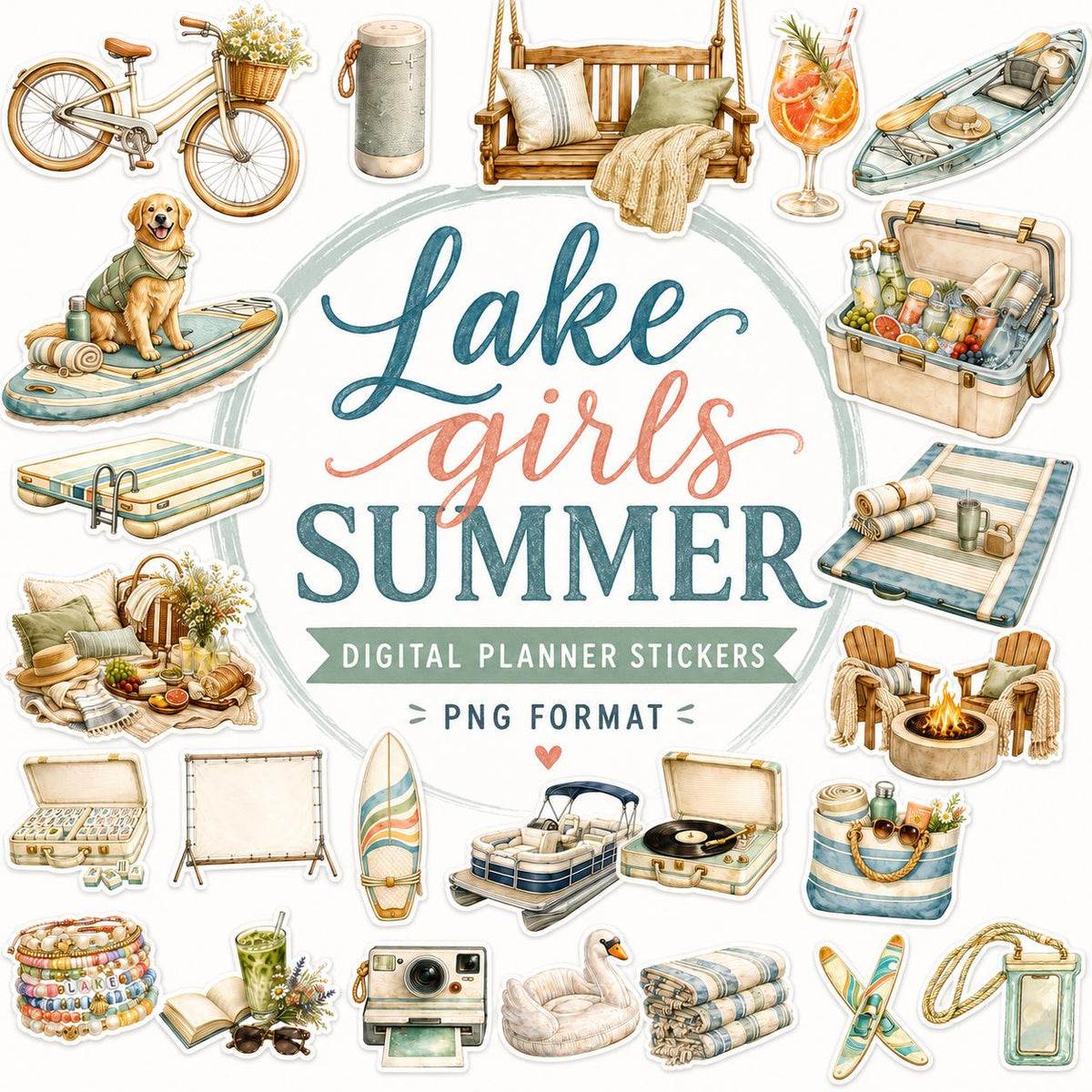 Lake Girl Summer Digital Stickers PNG, Lake Life Clipart, Summer Scrapbook Elements, Lake House Planner Stickers, Watercolor Lake Clip Art
