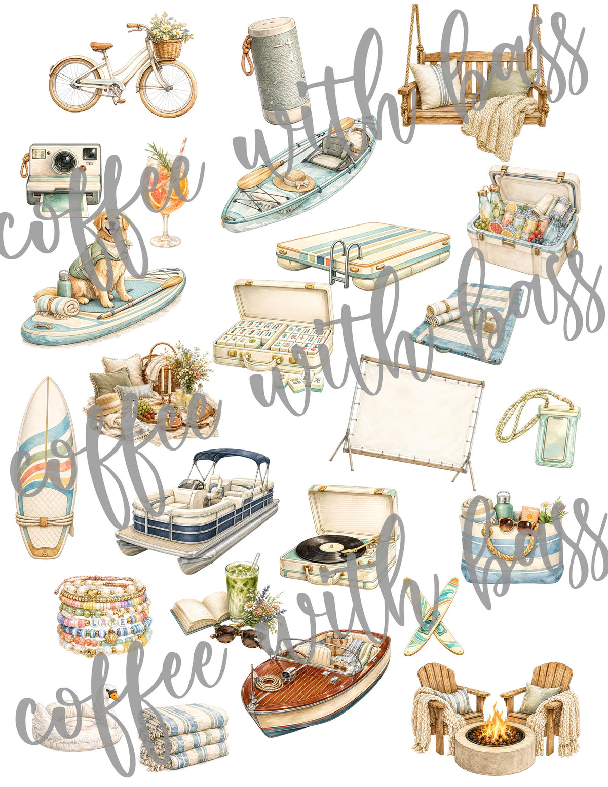 Lake Girl Summer Digital Stickers PNG, Lake Life Clipart, Summer Scrapbook Elements, Lake House Planner Stickers, Watercolor Lake Clip Art