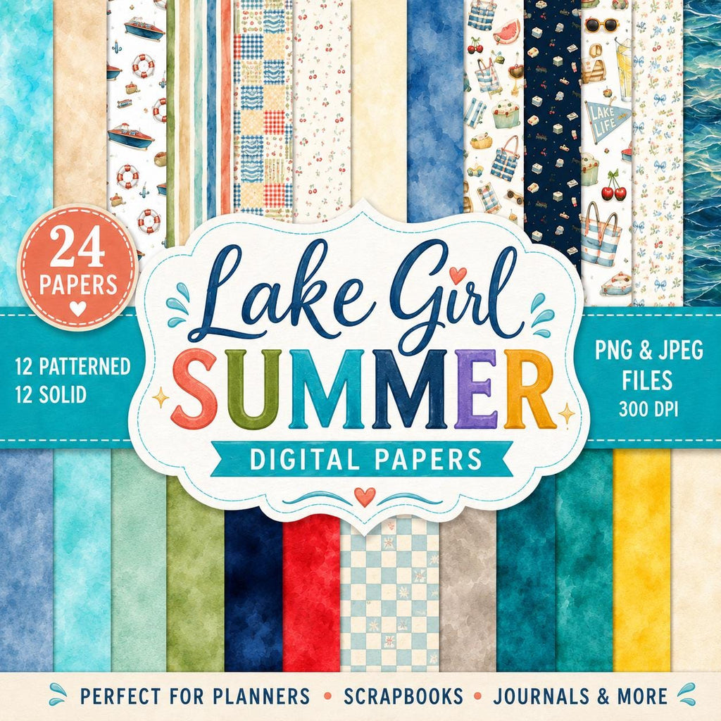 Lake Girl Summer Digital Paper Pack, 24 Lake Scrapbook Papers, Summer Patterns, Watercolor Lake Life Paper, PNG & JPEG, 12x12