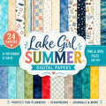 Lake Girl Summer Digital Paper Pack, 24 Lake Scrapbook Papers, Summer Patterns, Watercolor Lake Life Paper, PNG & JPEG, 12x12