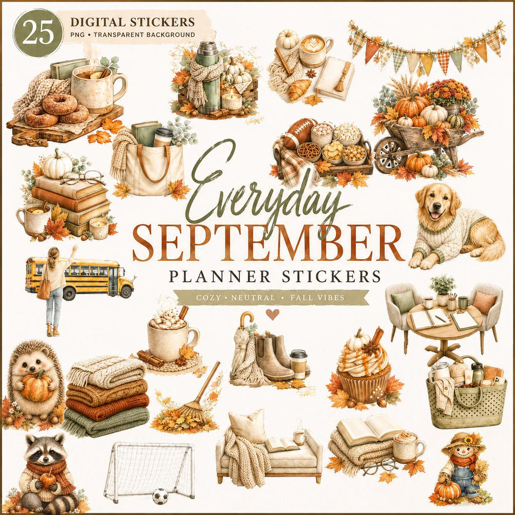 Everyday September Planner Stickers PNG | Cozy Fall Autumn Clipart | 25 Watercolor Digital Stickers | Journal Scrapbook PNG