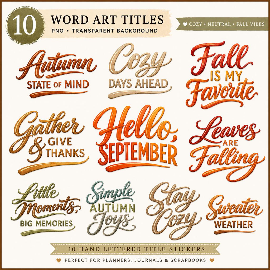 Everyday September Word Art PNG | Cozy Fall Planner Titles | 10 Watercolor Autumn Quotes | Journal Scrapbook Digital Stickers