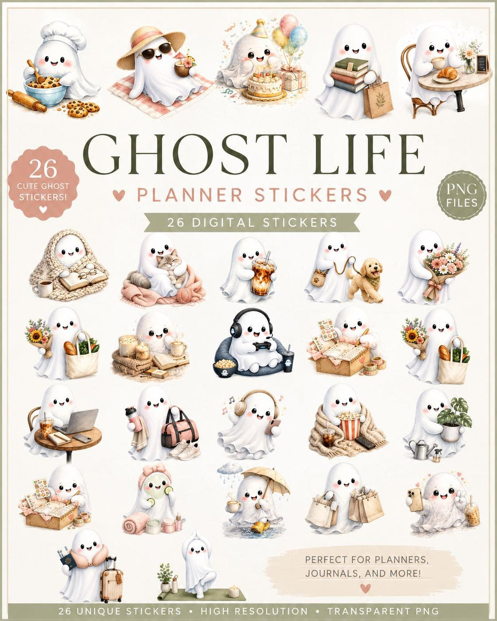 Ghost Life Planner Stickers | 26 Cute Ghost Digital Stickers | Transparent PNG | Cozy Watercolor Planner Stickers | Instant Download