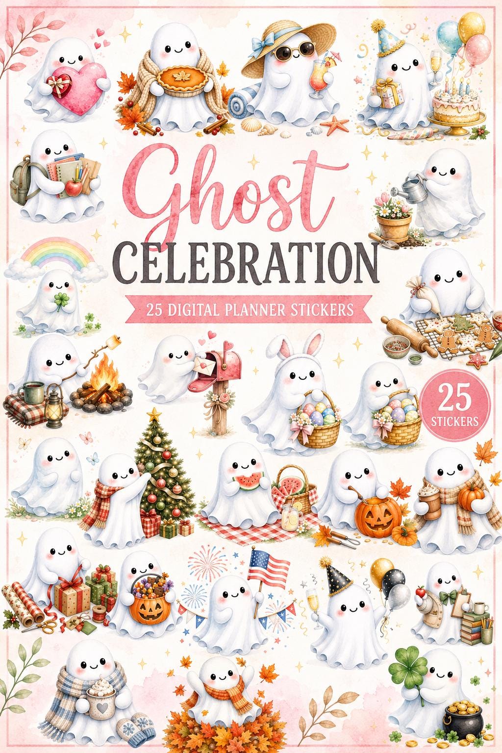 Ghost Celebration Planner Stickers | 25 Cute Ghost Digital Stickers | Watercolor PNG | Transparent Planner Stickers | Instant Download
