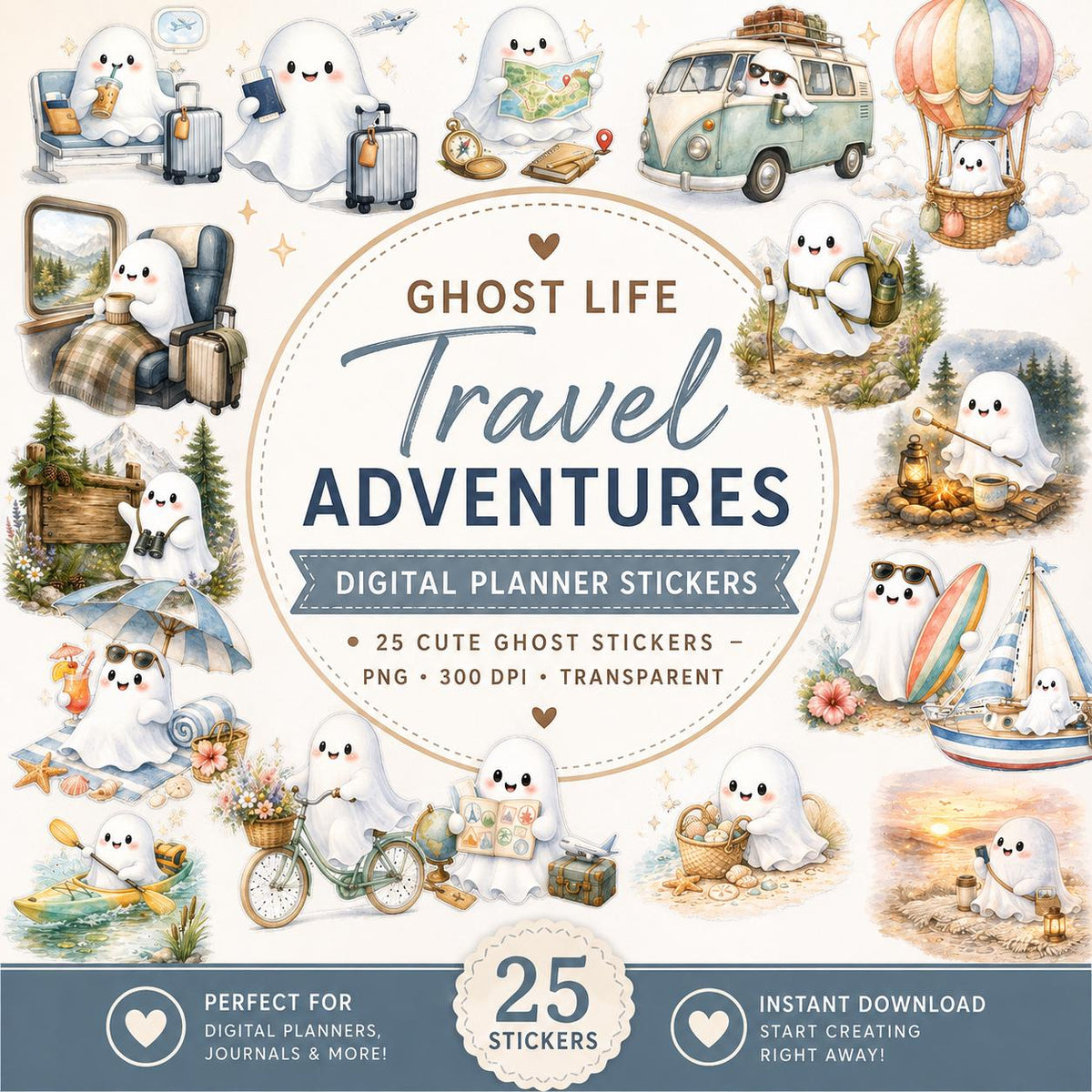 Ghost Life Travel Adventures Planner Stickers | 25 Cute Ghost Digital Stickers | Watercolor PNG | Travel Planner | Instant Download