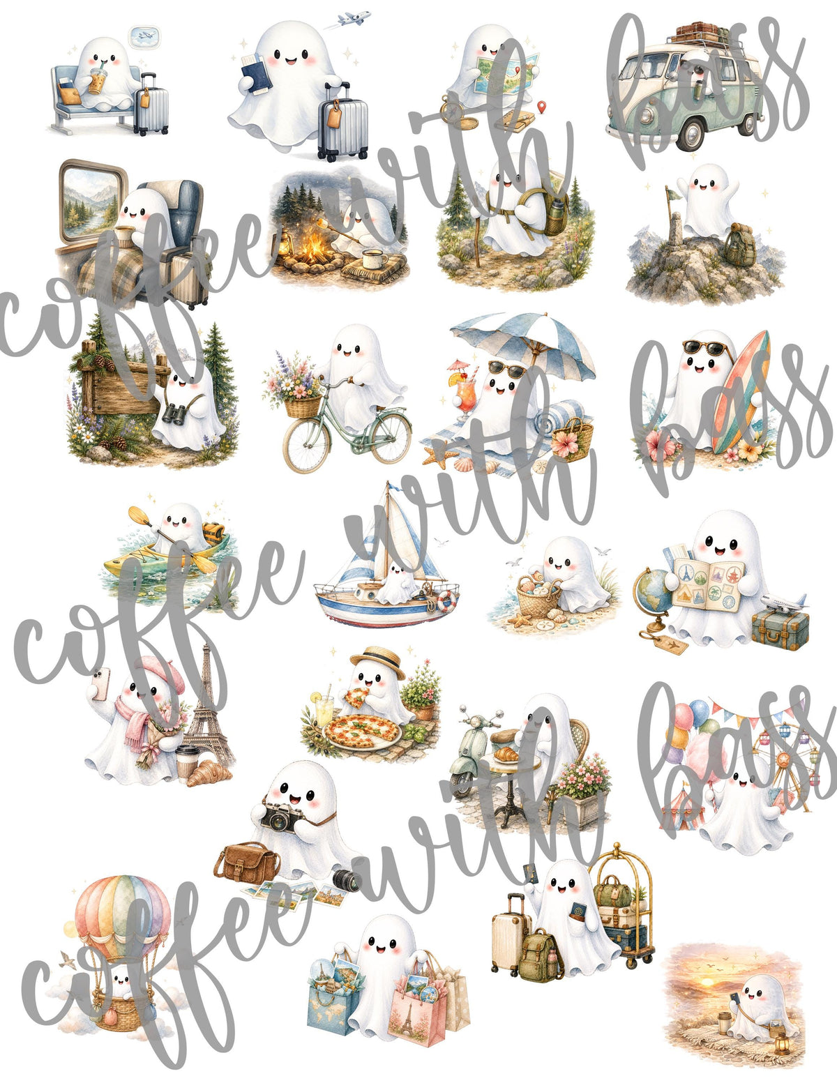 Ghost Life Travel Adventures Planner Stickers | 25 Cute Ghost Digital Stickers | Watercolor PNG | Travel Planner | Instant Download