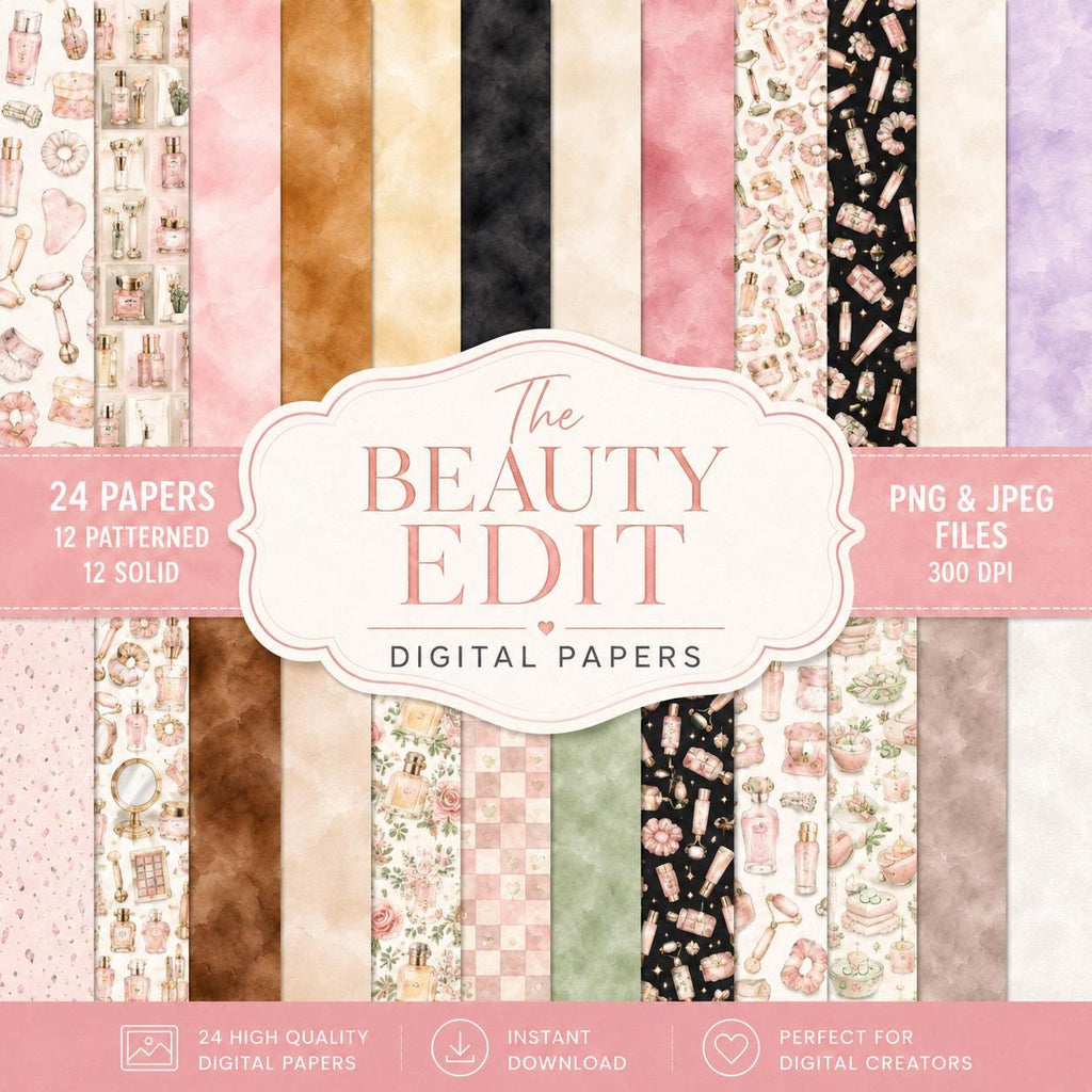 The Beauty Edit Digital Paper Pack | 24 Beauty & Skincare Scrapbook Papers | Watercolor Backgrounds | 12x12 Digital Paper
