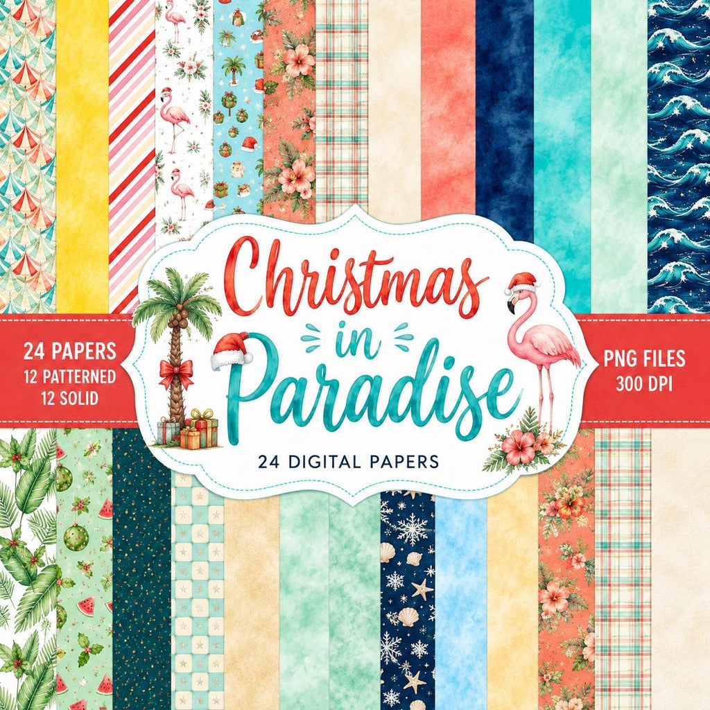 Christmas in Paradise Digital Papers | 24 Tropical Christmas Scrapbook Papers | PNG & JPEG | 12x12 Beach Christmas Backgrounds