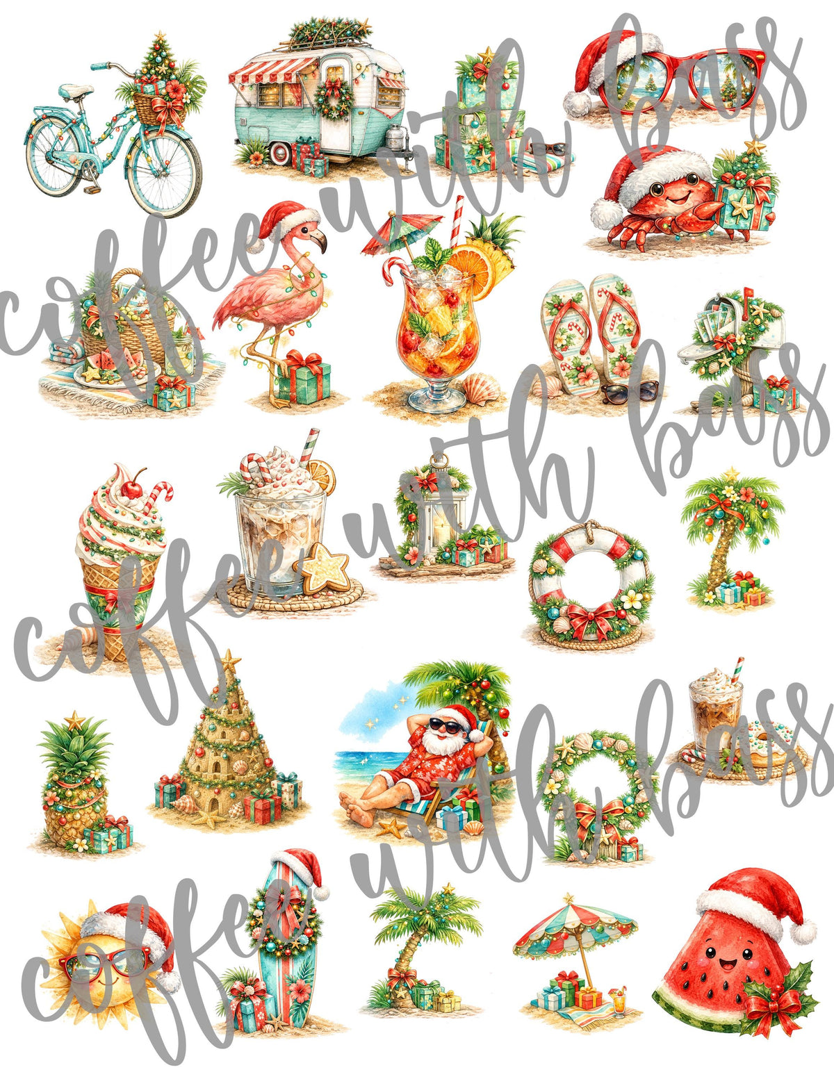 Christmas in Paradise Digital Scrapbook Kit | 25 PNG Clipart, 24 PNG & JPEG Papers, 15 Word Art Titles | Beach Christmas