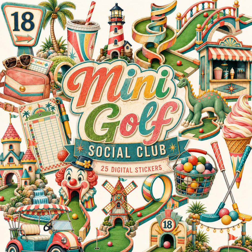 Mini Golf Social Club Digital Stickers, 25 Mini Golf PNG Clipart, Retro Miniature Golf Scrapbook Elements, Summer Planner Stickers