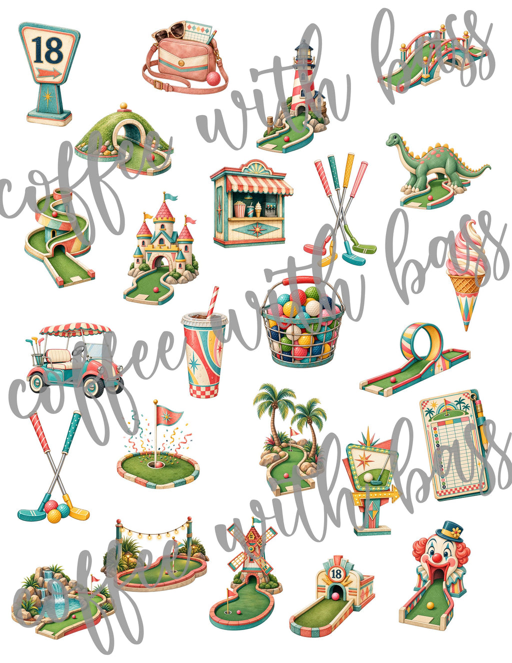 Mini Golf Social Club Digital Stickers, 25 Mini Golf PNG Clipart, Retro Miniature Golf Scrapbook Elements, Summer Planner Stickers
