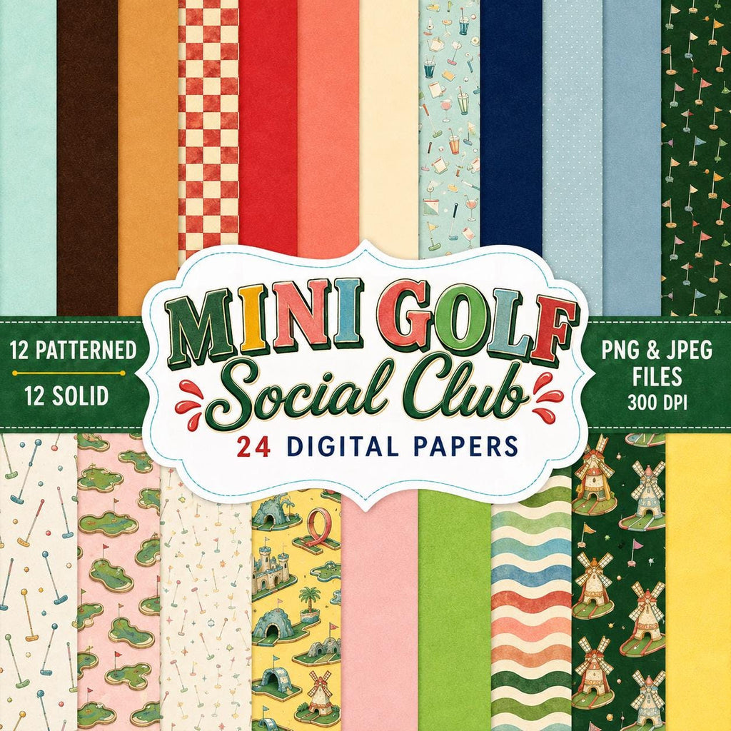 Mini Golf Digital Scrapbook Kit, 64 Piece Mini Golf Social Club Bundle, Golf Clipart, Digital Papers, PNG Word Art, Retro Putt Putt