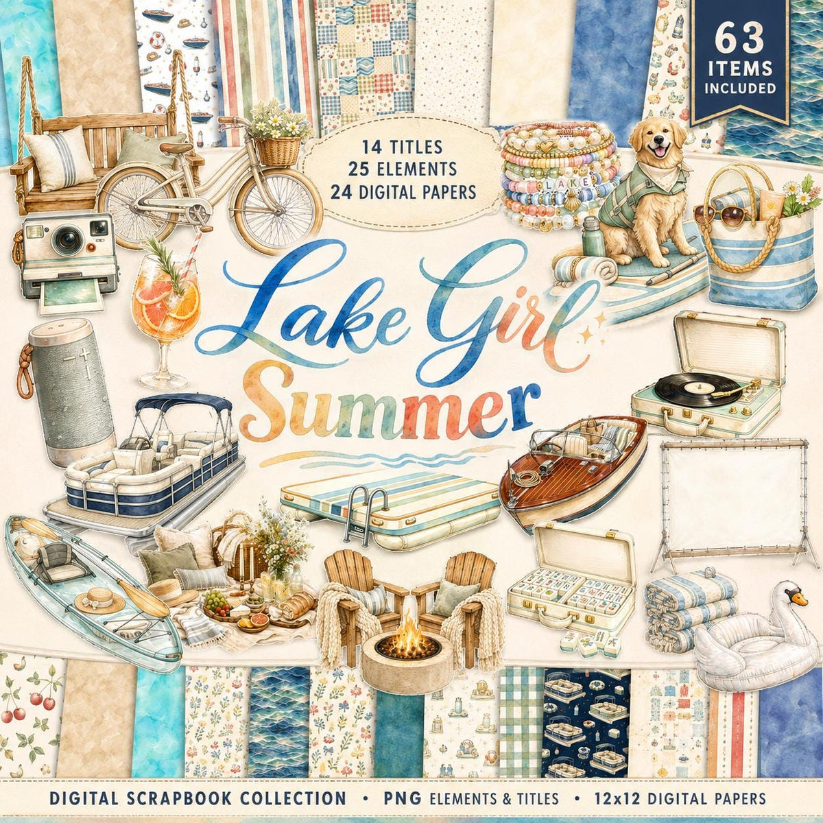 Lake Girl Summer Digital Scrapbook Kit, Lake Life Clipart, Summer Scrapbooking Bundle, 63 PNG Elements Titles & Digital Papers