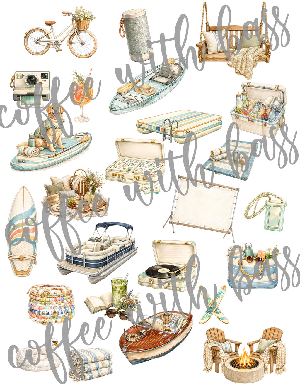 Lake Girl Summer Digital Scrapbook Kit, Lake Life Clipart, Summer Scrapbooking Bundle, 63 PNG Elements Titles & Digital Papers