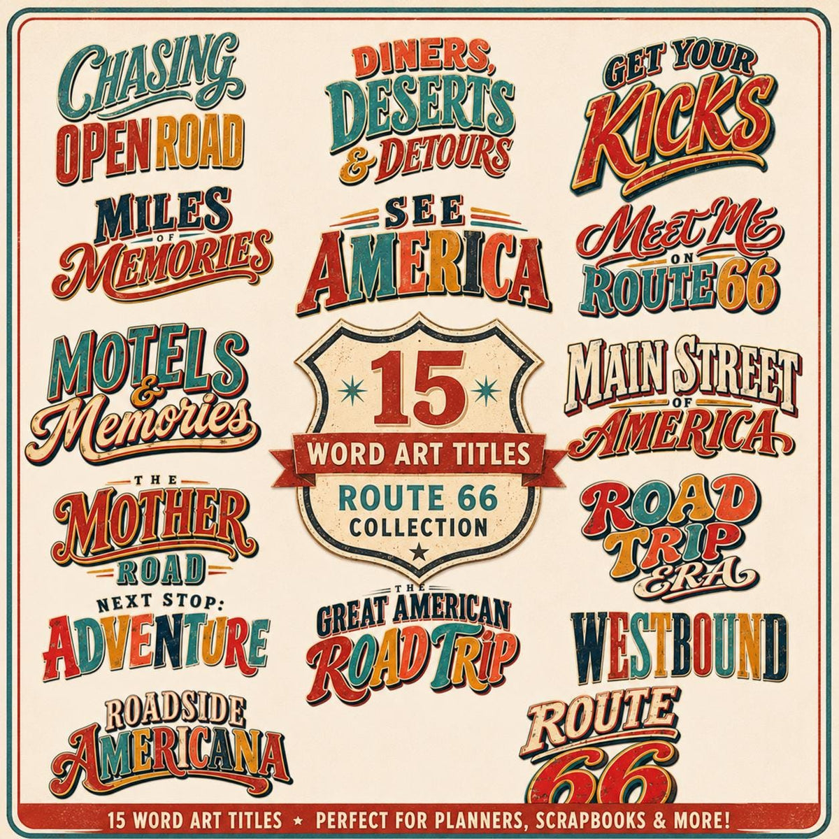 Route 66 Word Art PNG, 15 Road Trip Titles, Vintage Americana Clipart, Retro Travel Scrapbook Titles, Digital Planner Stickers