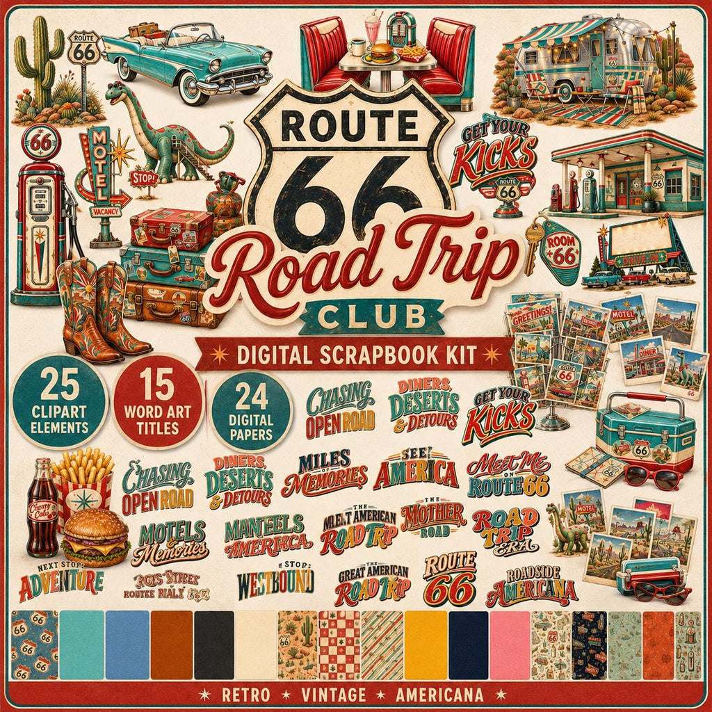 Route 66 Digital Scrapbook Kit, Vintage Road Trip Clipart, Digital Papers & Word Art, Retro Americana Travel Scrapbook Bundle