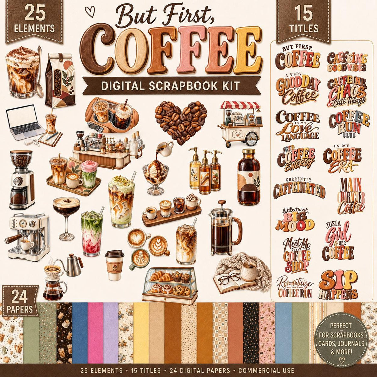 But First Coffee Digital Scrapbook Kit, Coffee Clipart, Digital Papers, Coffee Word Art, Coffee Lover PNG, Planner Stickers