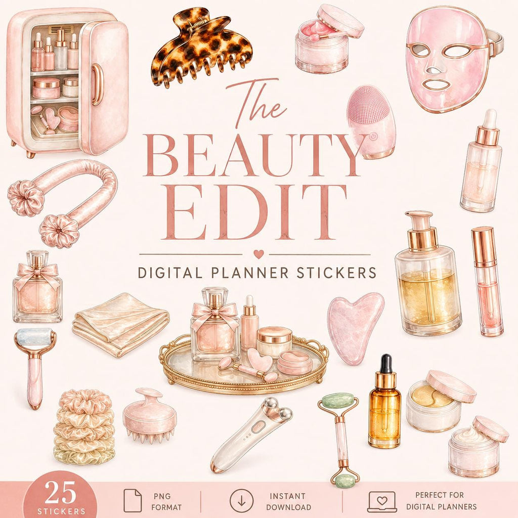 The Beauty Edit Digital Planner Stickers | 25 Skincare & Self Care PNG Stickers | Beauty Planner Clipart | GoodNotes Digital Stickers