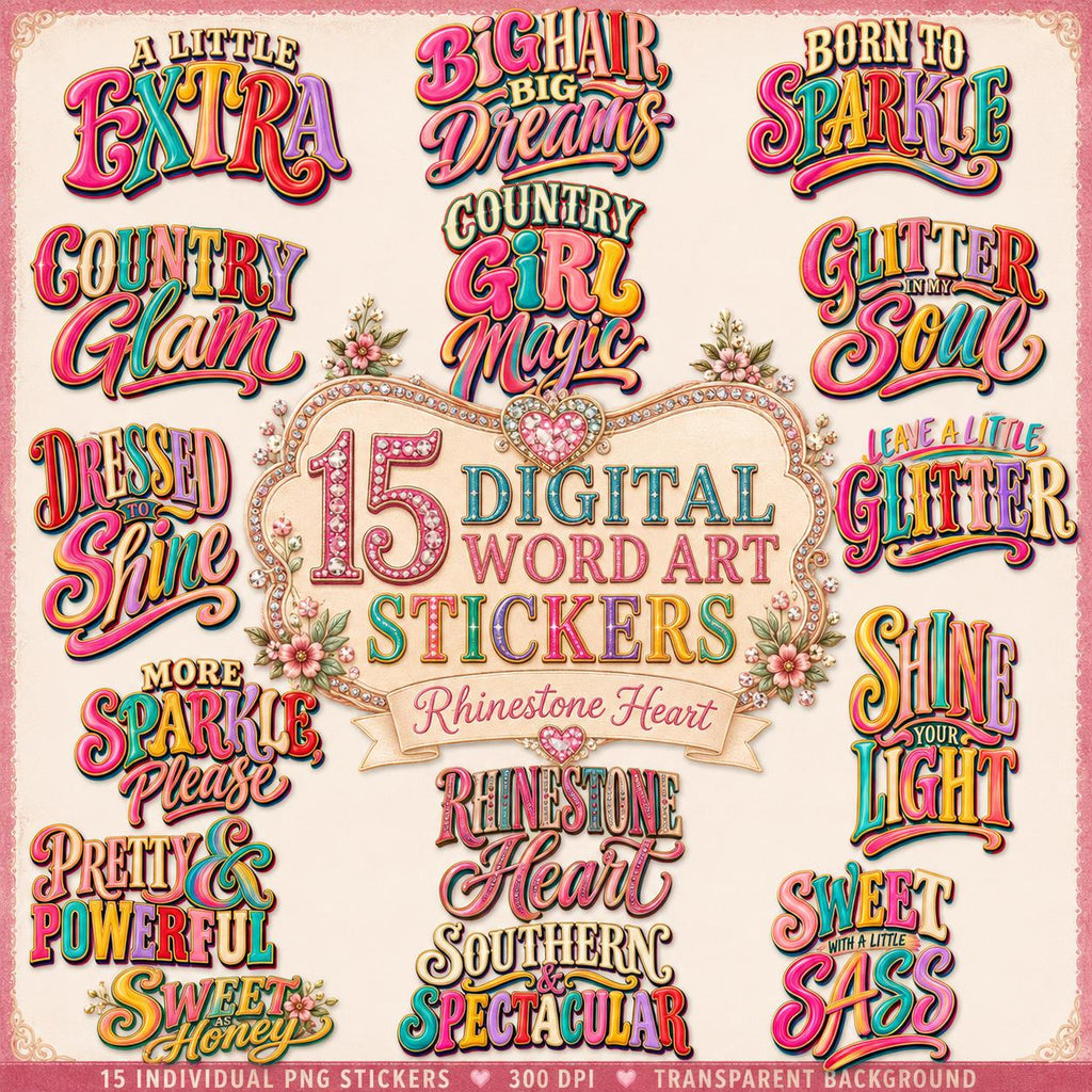 Rhinestone Heart Word Art Stickers Western Cowgirl Quotes Digital Planner PNG Country Typography Scrapbook Journal Ephemera Southern Clipart