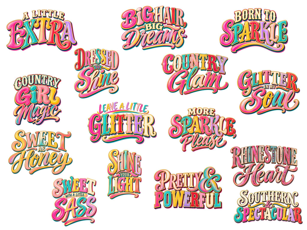Rhinestone Heart Word Art Stickers Western Cowgirl Quotes Digital Planner PNG Country Typography Scrapbook Journal Ephemera Southern Clipart