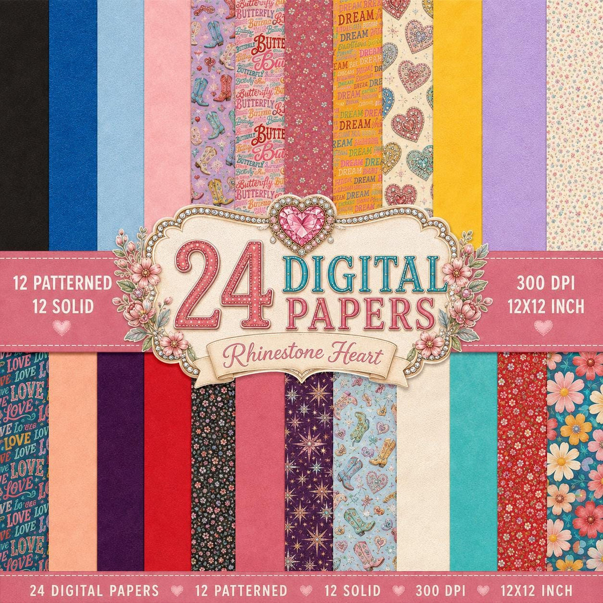 Rhinestone Heart Digital Scrapbook Kit Western Cowgirl Clipart Word Art Papers Vintage Floral Planner PNG Country Journal Ephemera Bundle
