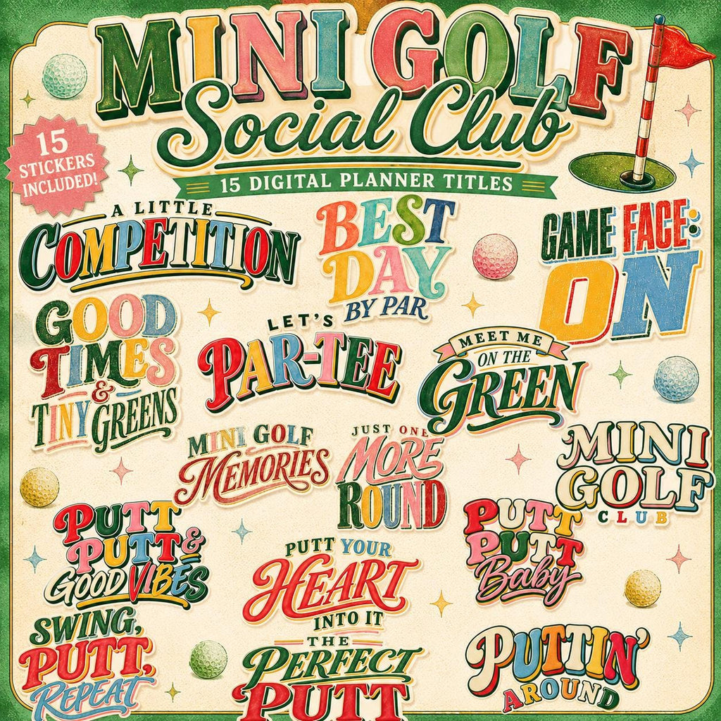 Mini Golf Social Club Digital Titles, 15 Mini Golf PNG Word Art, Retro Golf Scrapbook Titles, Planner Stickers, Summer Golf Clipart
