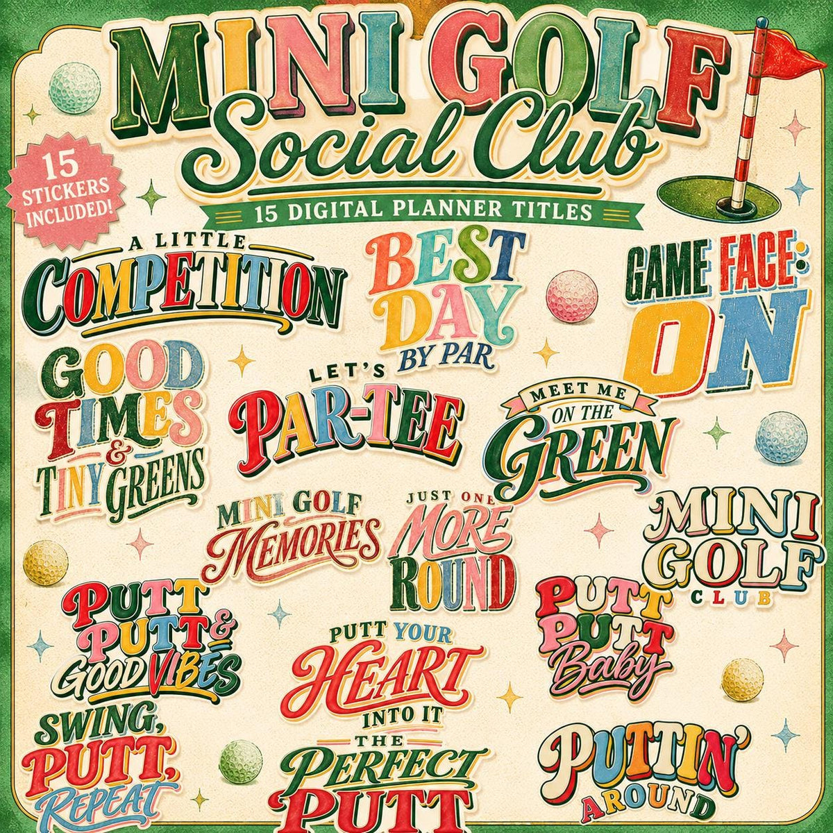 Mini Golf Social Club Digital Titles, 15 Mini Golf PNG Word Art, Retro Golf Scrapbook Titles, Planner Stickers, Summer Golf Clipart