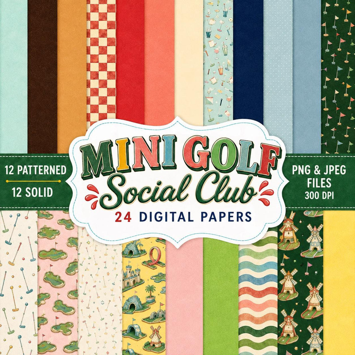 Mini Golf Digital Paper Pack, 24 Mini Golf Scrapbook Papers, Retro Golf Patterns, Mini Golf Social Club, Summer Digital Paper, PNG JPEG