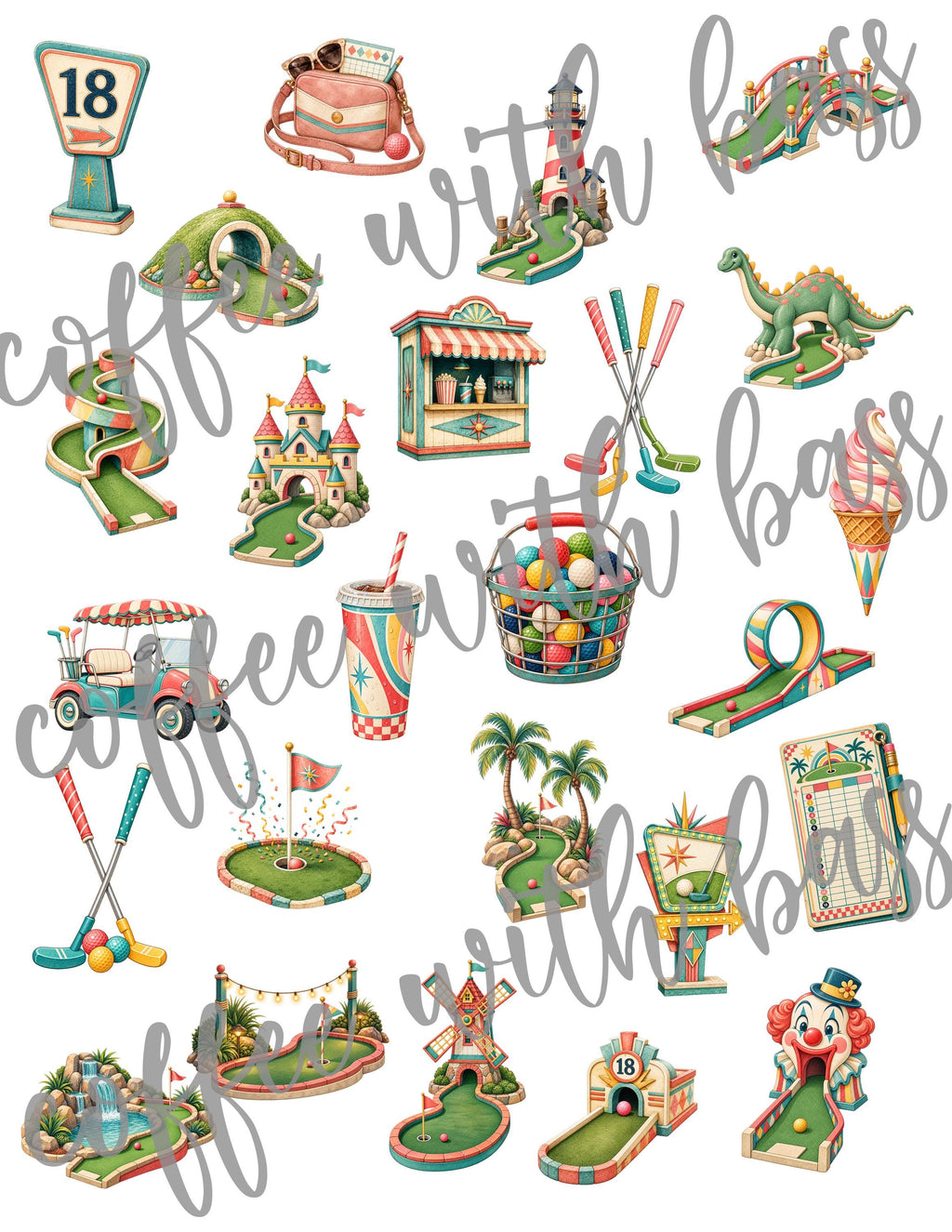 Mini Golf Digital Scrapbook Kit, 64 Piece Mini Golf Social Club Bundle, Golf Clipart, Digital Papers, PNG Word Art, Retro Putt Putt