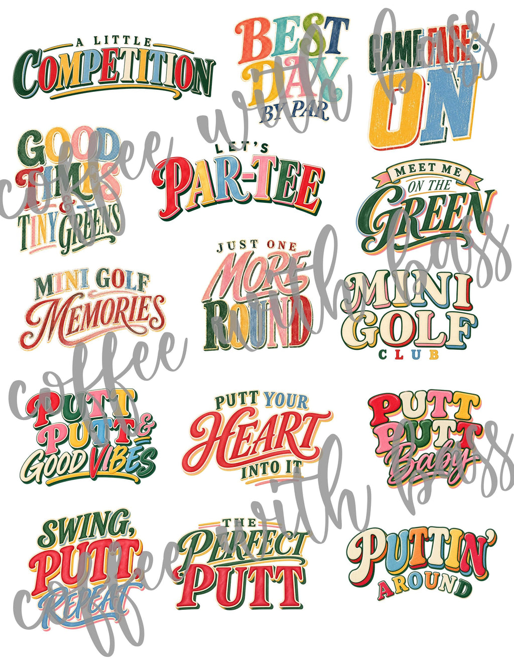 Mini Golf Digital Scrapbook Kit, 64 Piece Mini Golf Social Club Bundle, Golf Clipart, Digital Papers, PNG Word Art, Retro Putt Putt