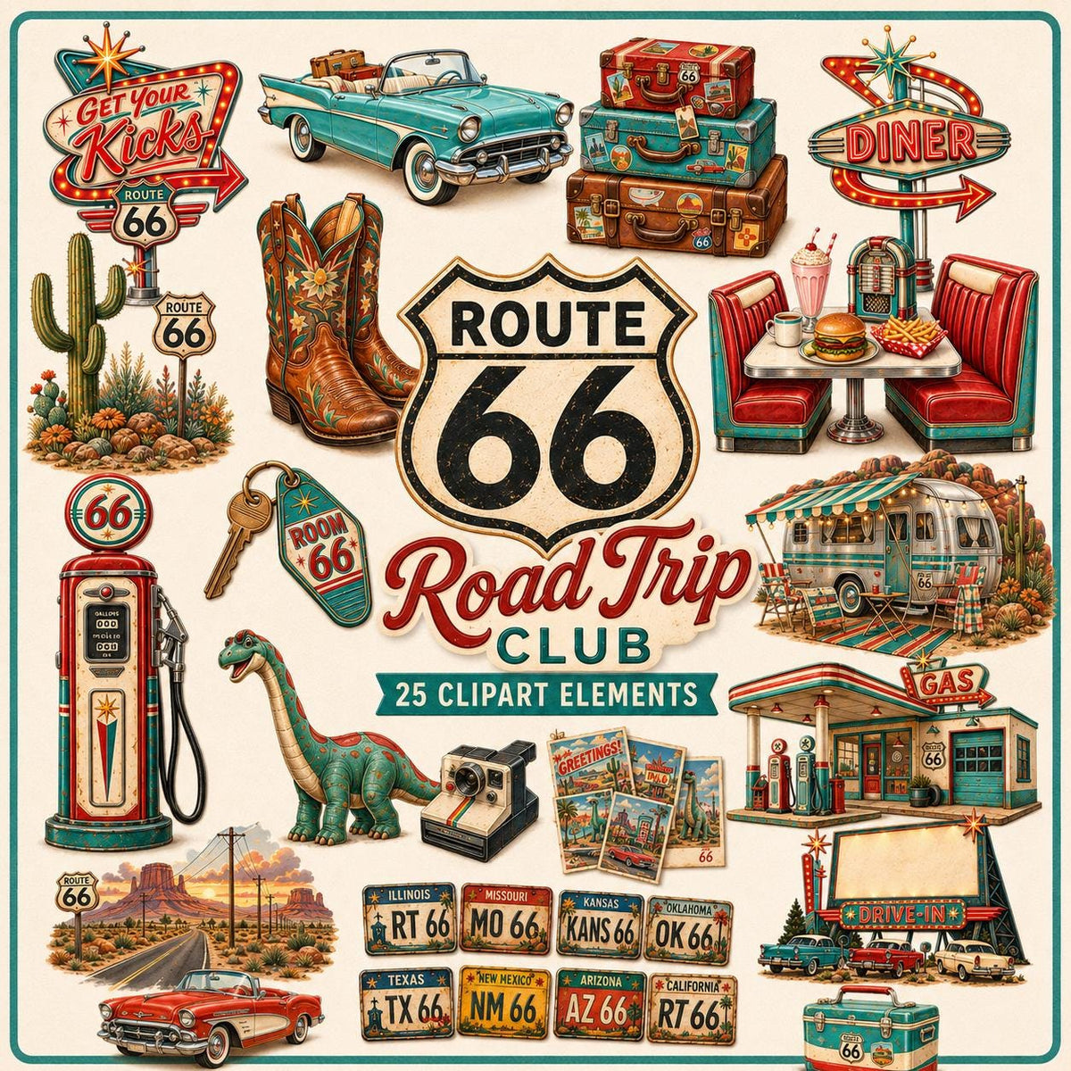 Route 66 Digital Planner Stickers, 25 Vintage Road Trip Clipart PNGs, Retro Americana Scrapbook Elements, Travel Planner Stickers