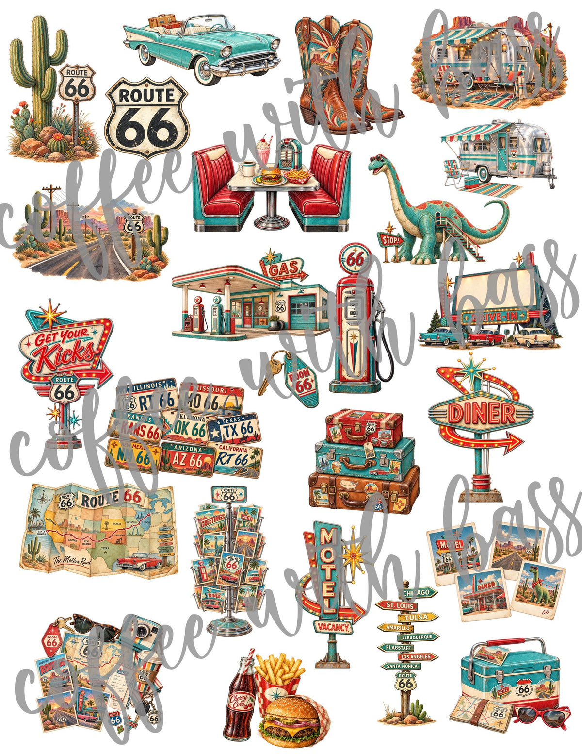 Route 66 Digital Scrapbook Kit, Vintage Road Trip Clipart, Digital Papers & Word Art, Retro Americana Travel Scrapbook Bundle