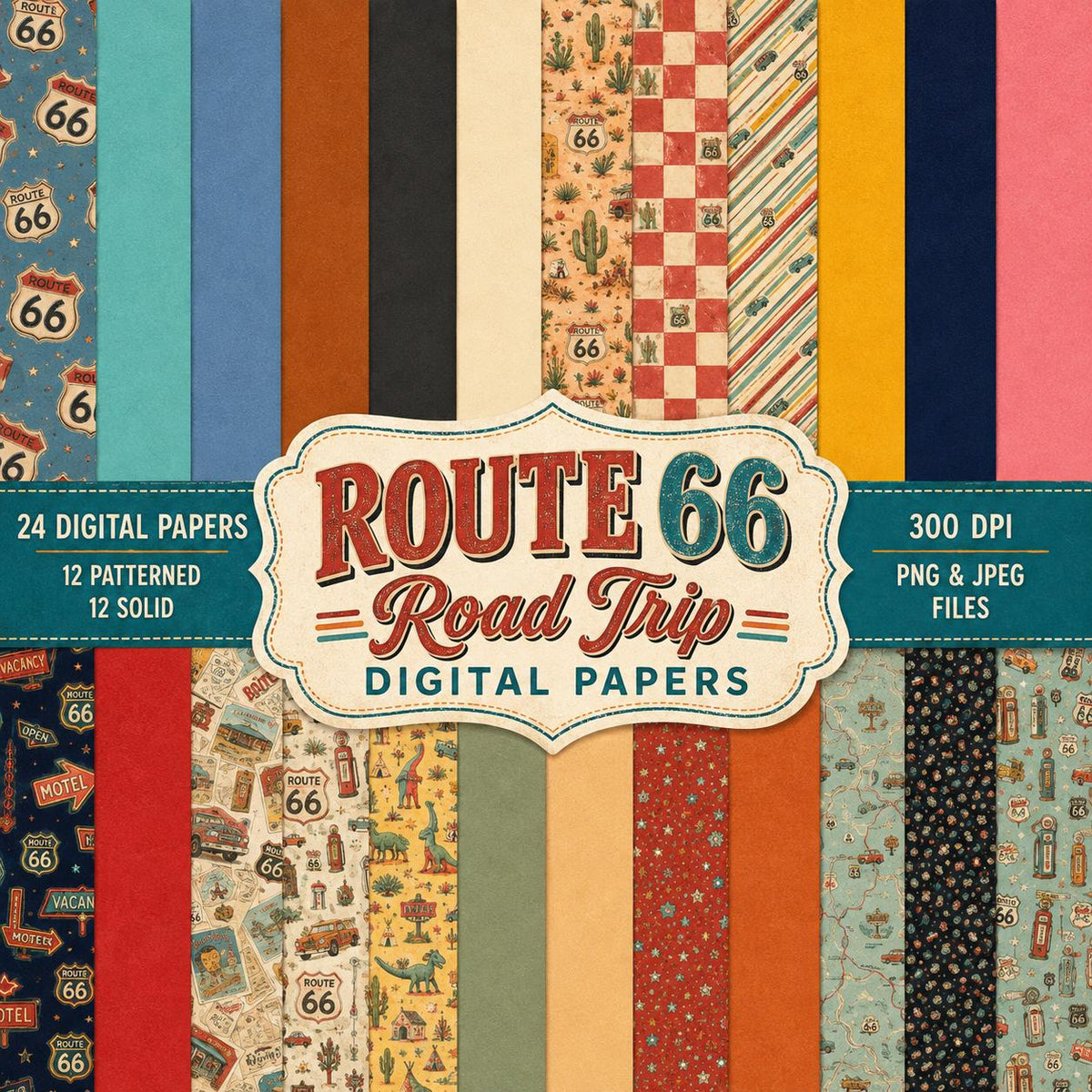 Route 66 Digital Scrapbook Kit, Vintage Road Trip Clipart, Digital Papers & Word Art, Retro Americana Travel Scrapbook Bundle