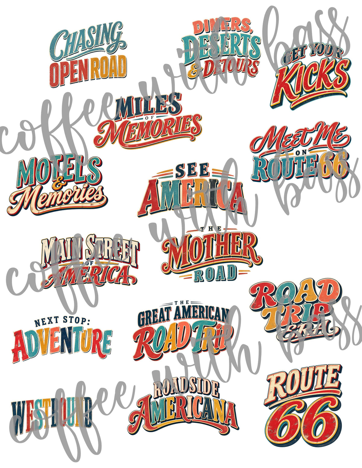 Route 66 Digital Scrapbook Kit, Vintage Road Trip Clipart, Digital Papers & Word Art, Retro Americana Travel Scrapbook Bundle