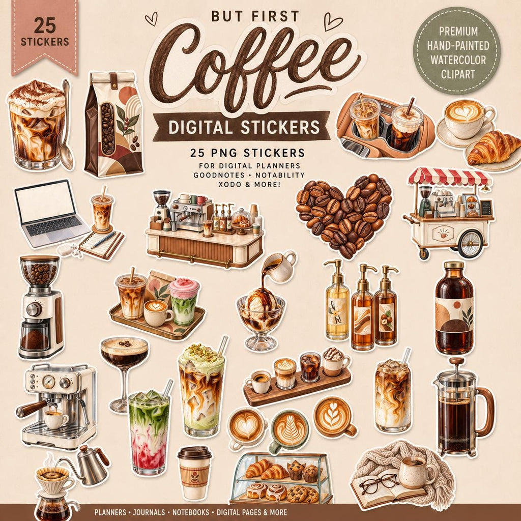 But First Coffee Digital Planner Stickers, 25 Coffee PNG Stickers, Coffee Lover Clipart, Goodnotes Stickers, Digital Journal Stickers