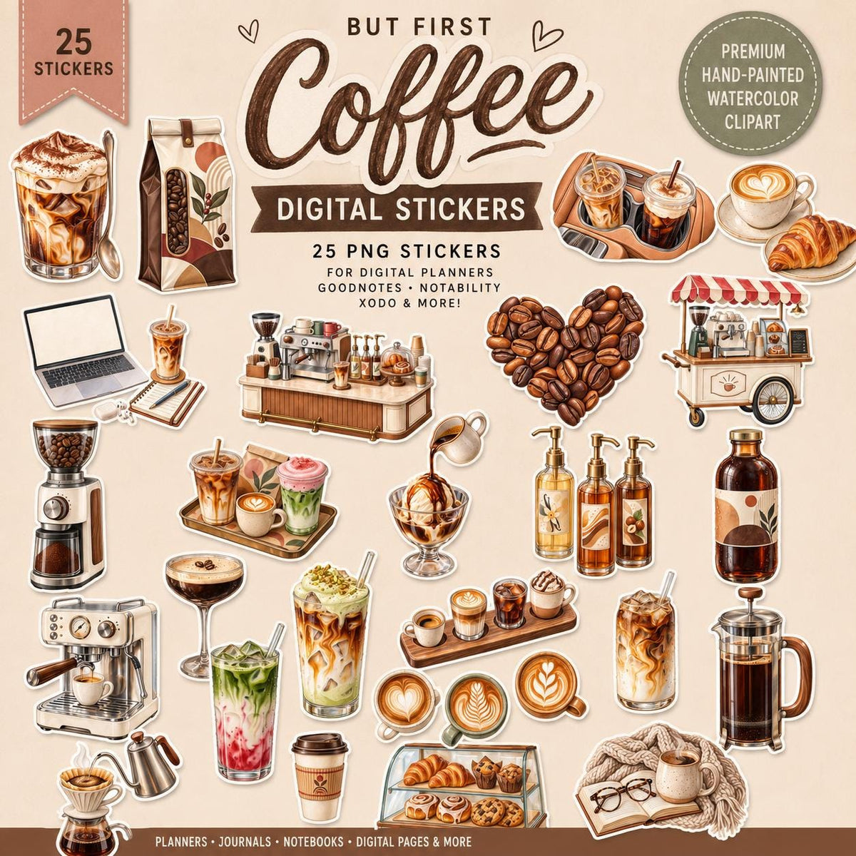 But First Coffee Digital Planner Stickers, 25 Coffee PNG Stickers, Coffee Lover Clipart, Goodnotes Stickers, Digital Journal Stickers