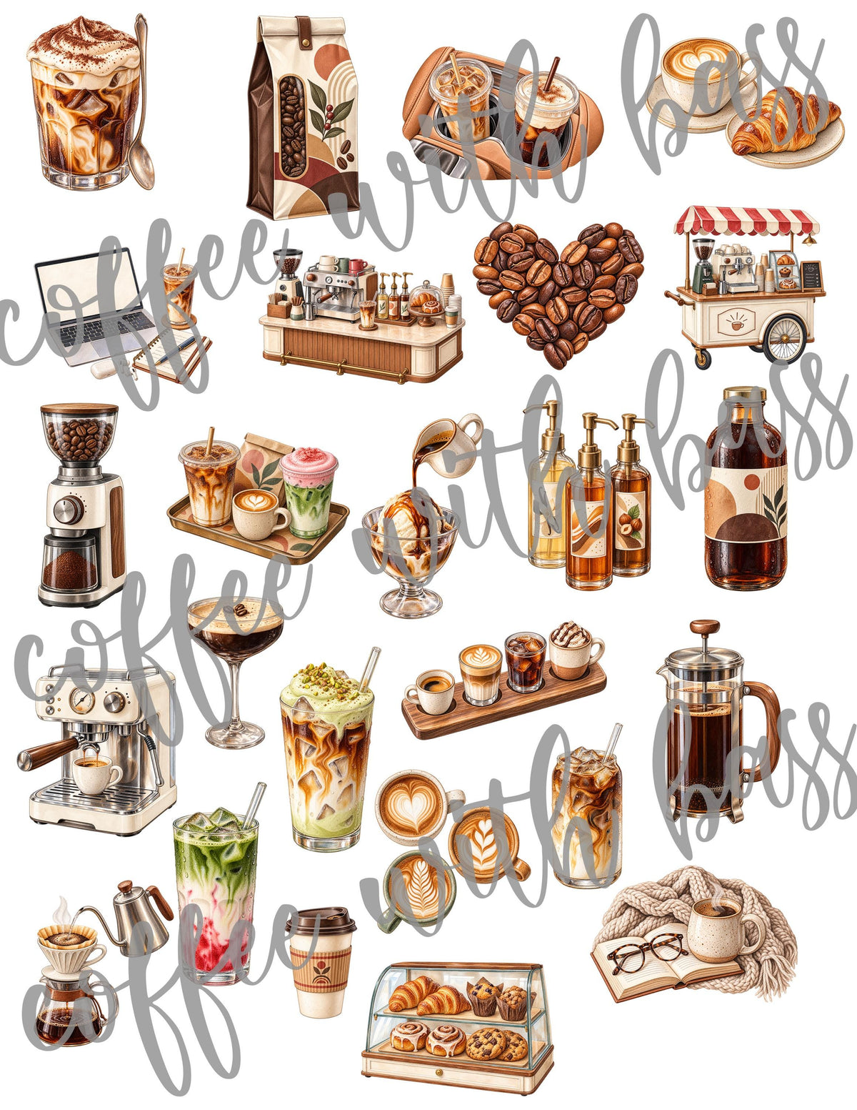 But First Coffee Digital Scrapbook Kit, Coffee Clipart, Digital Papers, Coffee Word Art, Coffee Lover PNG, Planner Stickers