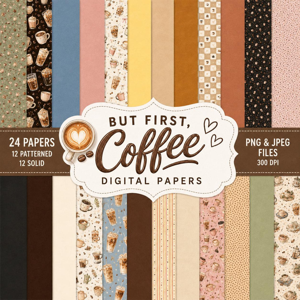 But First Coffee Digital Scrapbook Kit, Coffee Clipart, Digital Papers, Coffee Word Art, Coffee Lover PNG, Planner Stickers