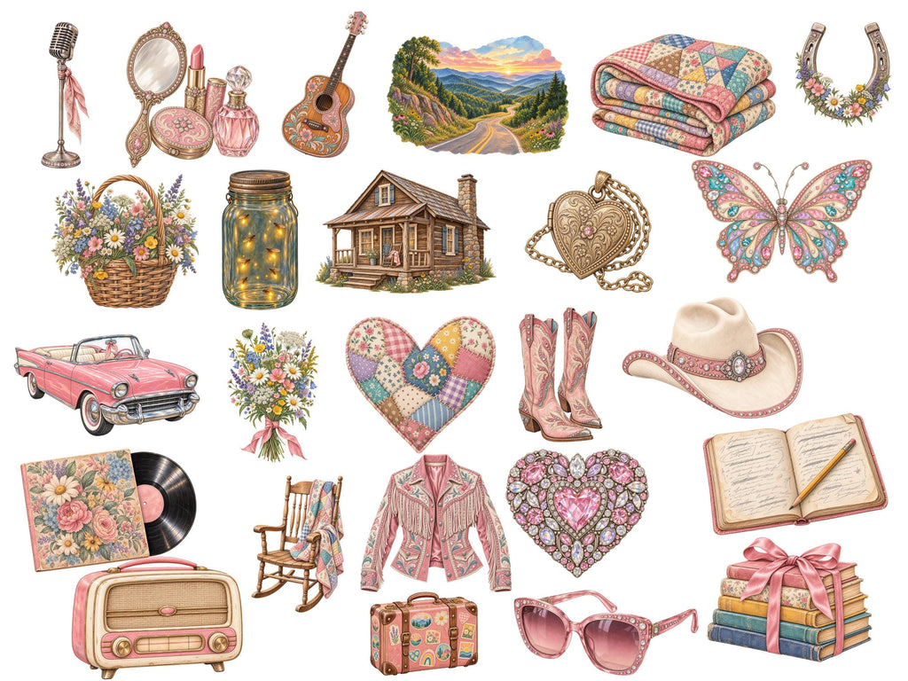 Rhinestone Heart Digital Scrapbook Kit Western Cowgirl Clipart Word Art Papers Vintage Floral Planner PNG Country Journal Ephemera Bundle