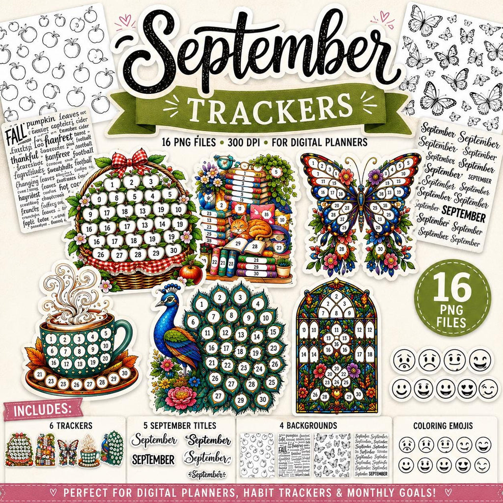 September Tracker Bundle Digital Planner Habit Journal 30 Day Monthly Goal Mood Coloring PNG Background Word Art Printable Inserts