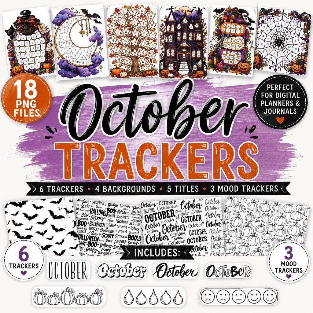 October Tracker Digital Planner Stickers Halloween Habit Journal Inserts Monthly Mood Pages Fall Planning PNG Bundle