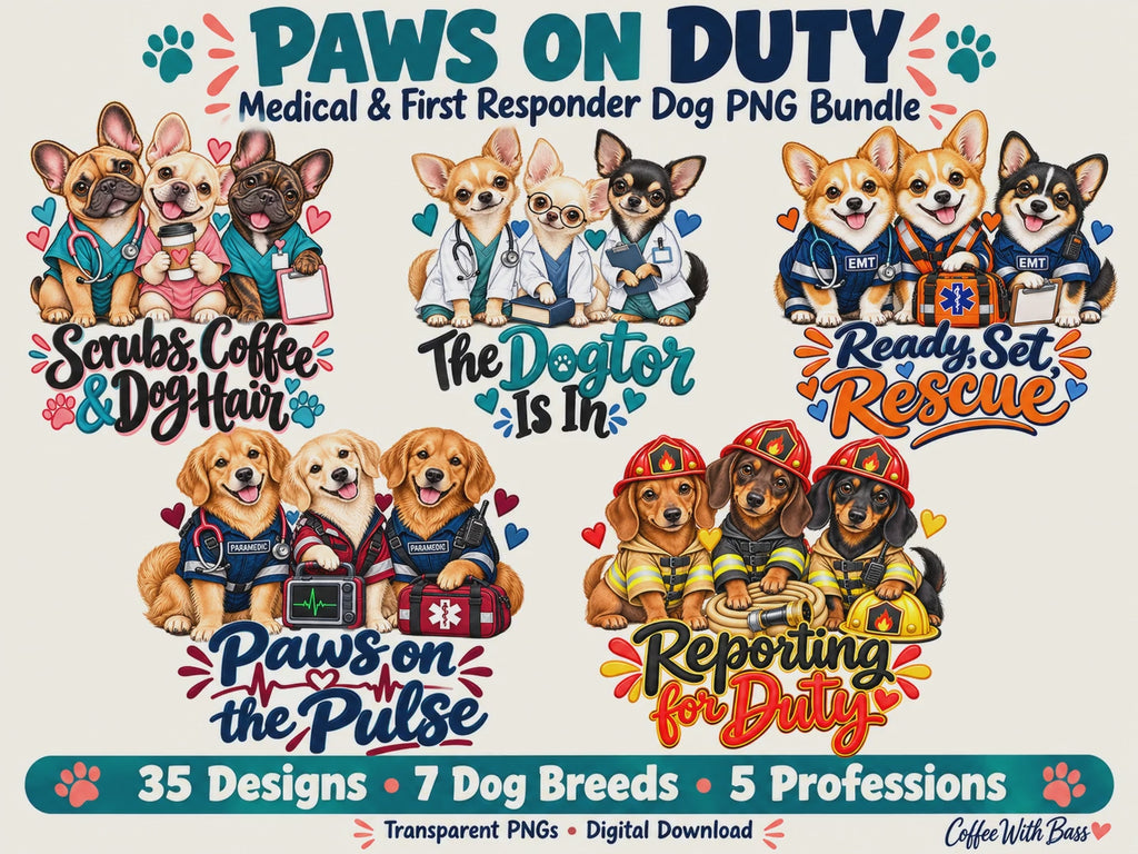 Paws on Duty – Medical & First Responder Dog PNG Bundle | 35 Designs